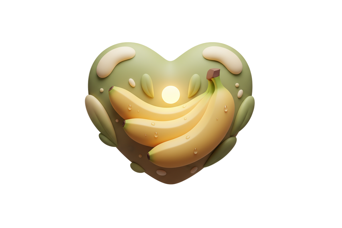 heart icon that conveys message that organic banana was cared for well. no background. neoskeumorphic style
