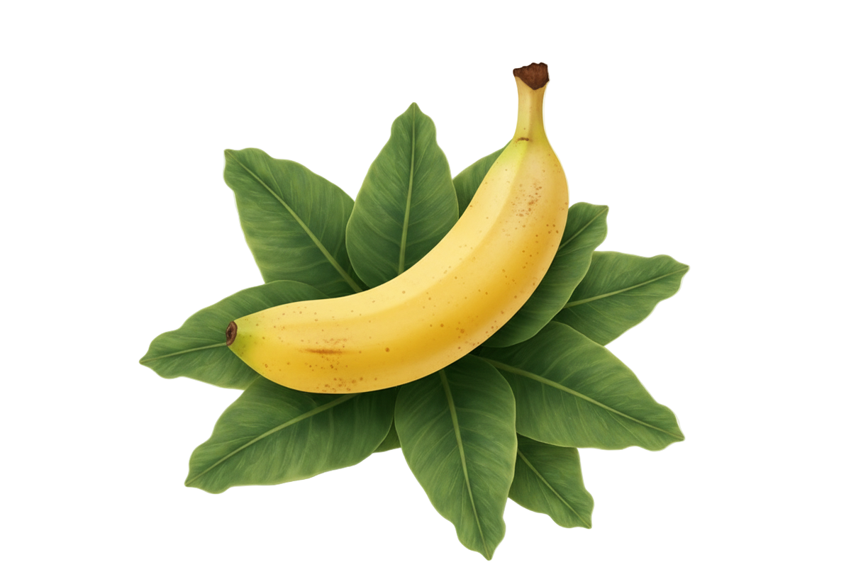 no I want an organic banana above a patch of leaves.